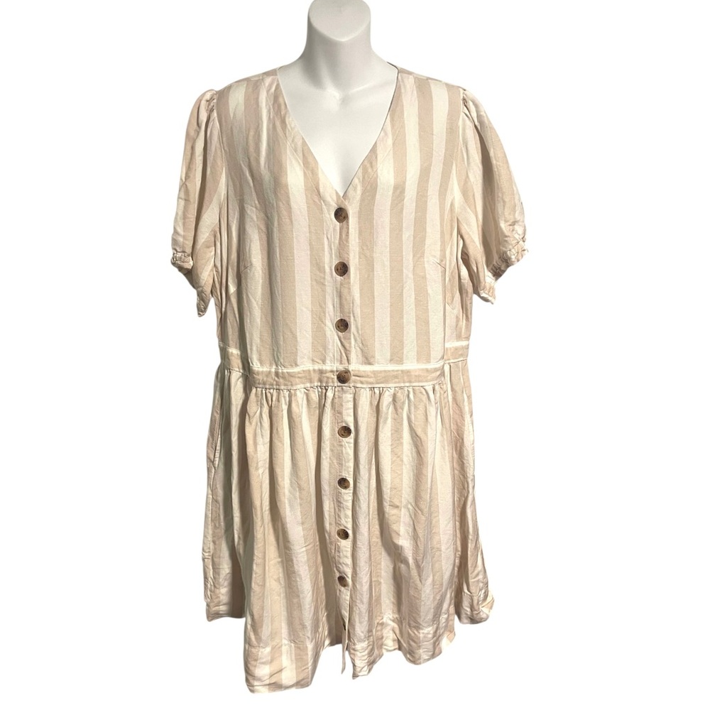Loft Plus White Sand Striped Puff Sleeve Dress Size 16 V-Neck Linen Blend
